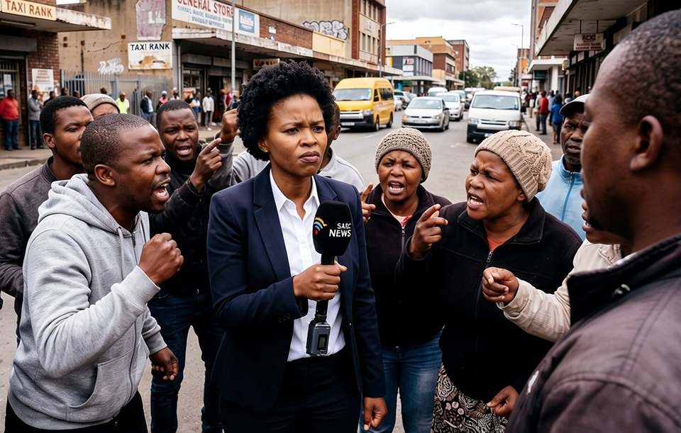 A journalist reporting amid a crowd
